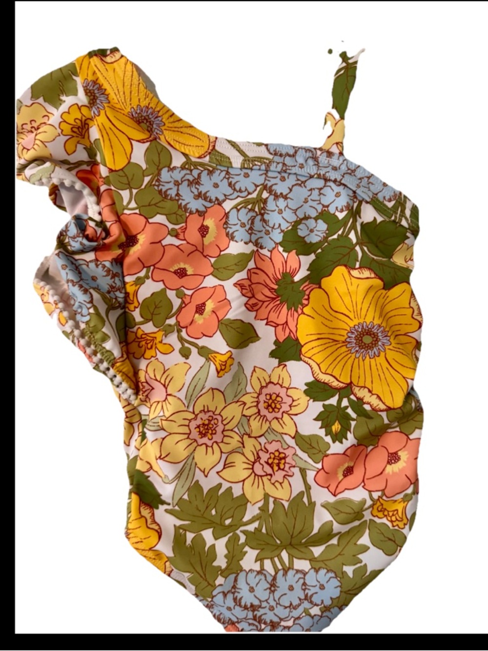 Janie and Jack Girls One Shoulder Ruffle Swimsuit Multicolor Floral PomPom Sz 4